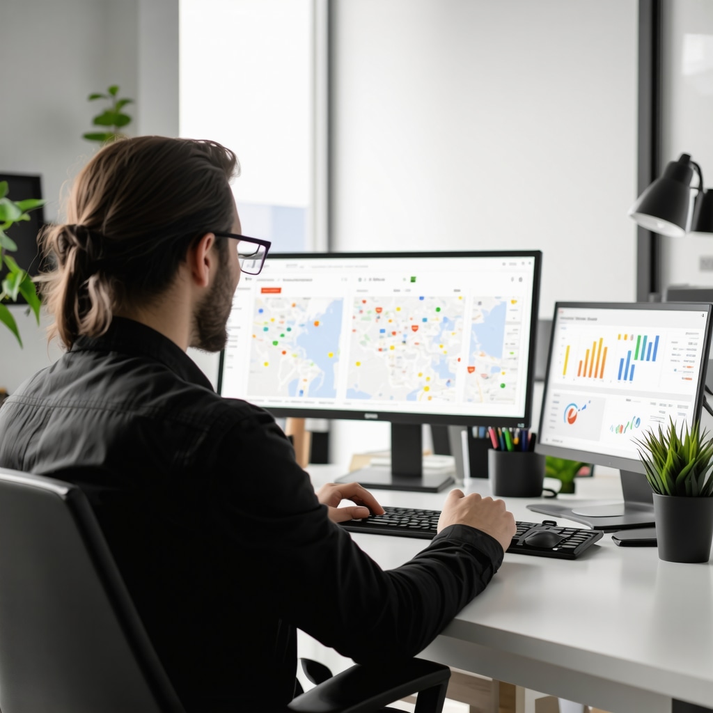 SEO specialist analyzing data on screens for local search optimization