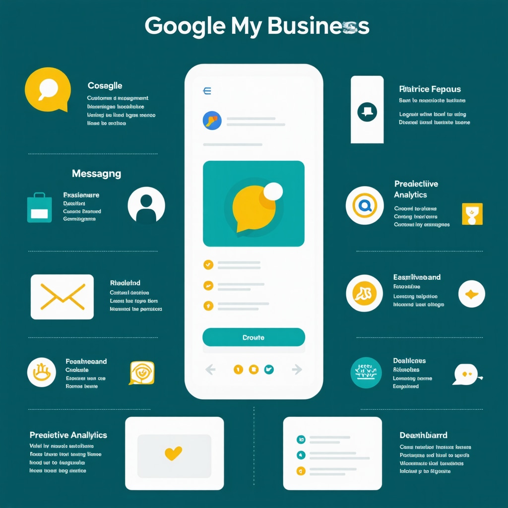 Infographic showing Google My Business attributes, messaging, and analytics for SEO optimization
