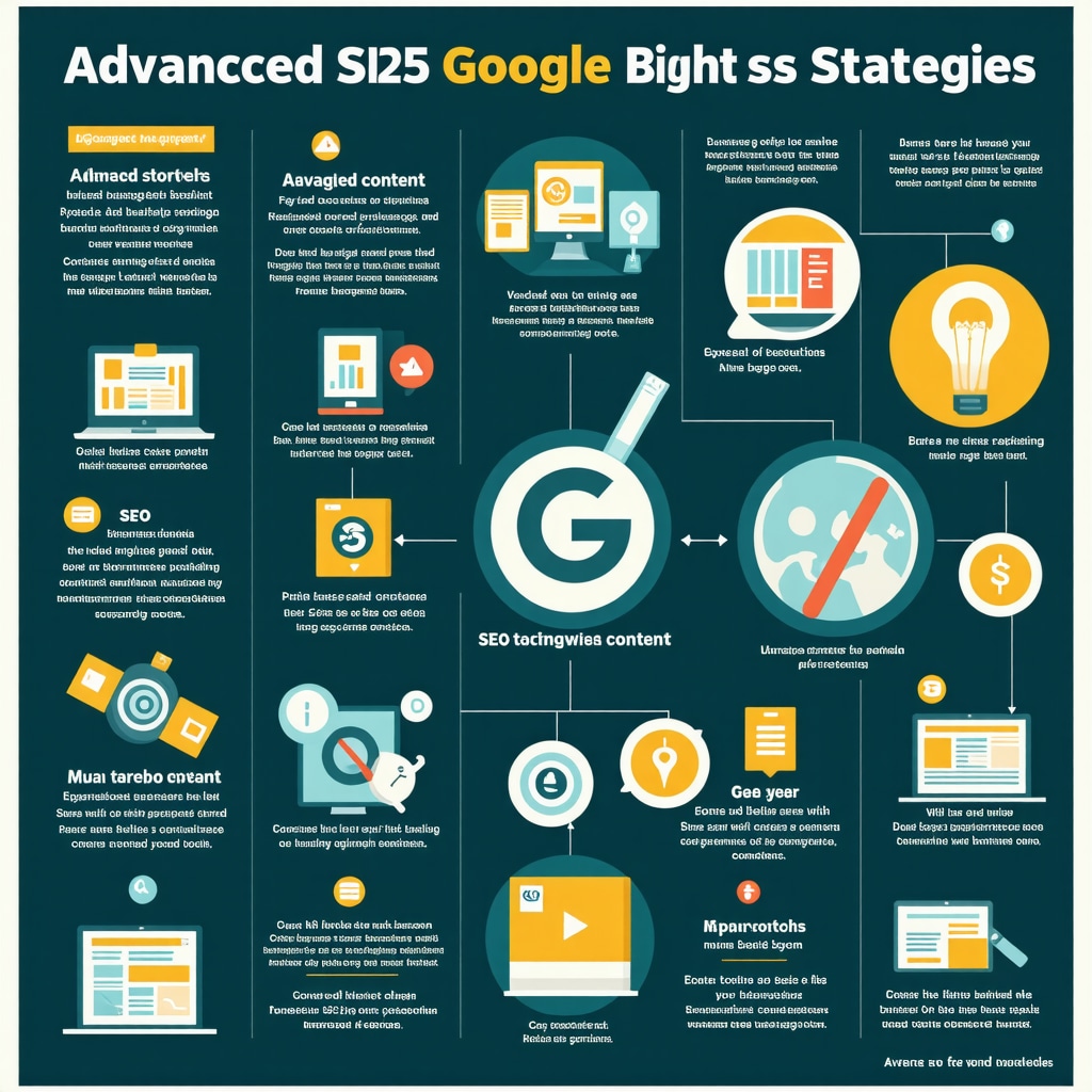Infographic showing advanced GMB ranking strategies such as geo-targeting, AI tools, and visual SEO