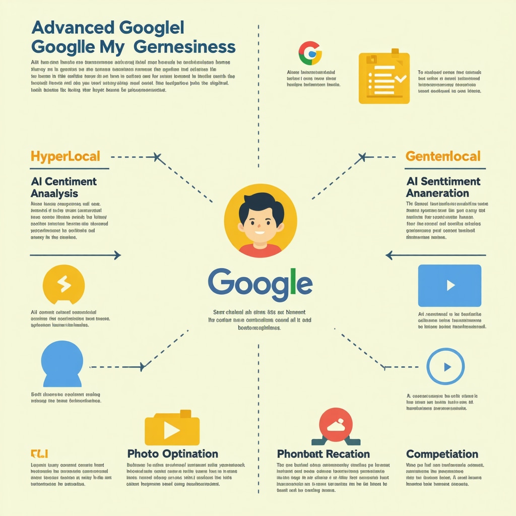 Infographic showing hyperlocal SEO, AI sentiment analysis, content generation, photo optimization, and competitor analysis for GMB