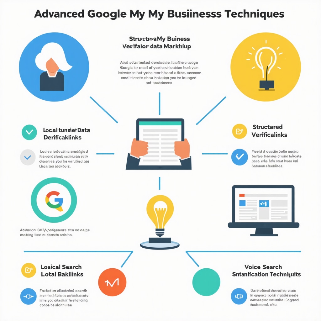 Infographic showing structured data markup, local backlinks, and voice search optimization boosting Google My Business verification and local SEO