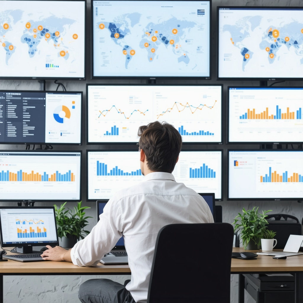 Marketing strategist reviewing local SEO and maps on computer screens.
