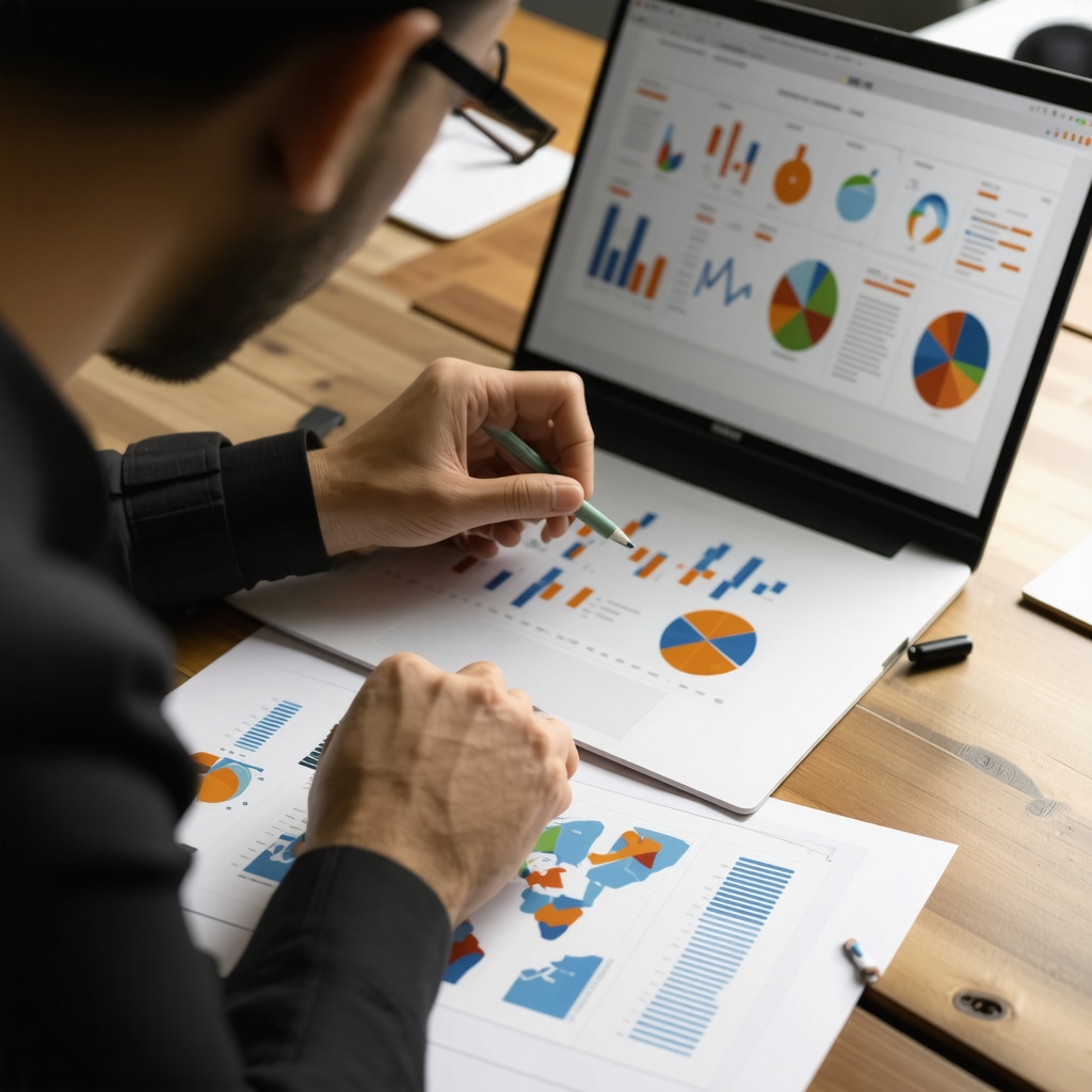 Business owner reviewing SEO metrics and maps on laptop