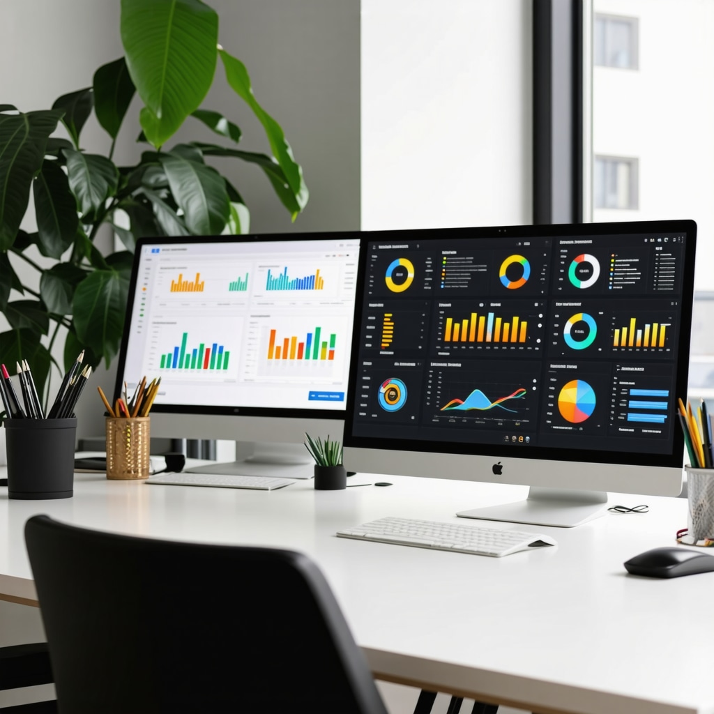 Digital marketing analytics on screens demonstrating GMB metrics and local SEO insights