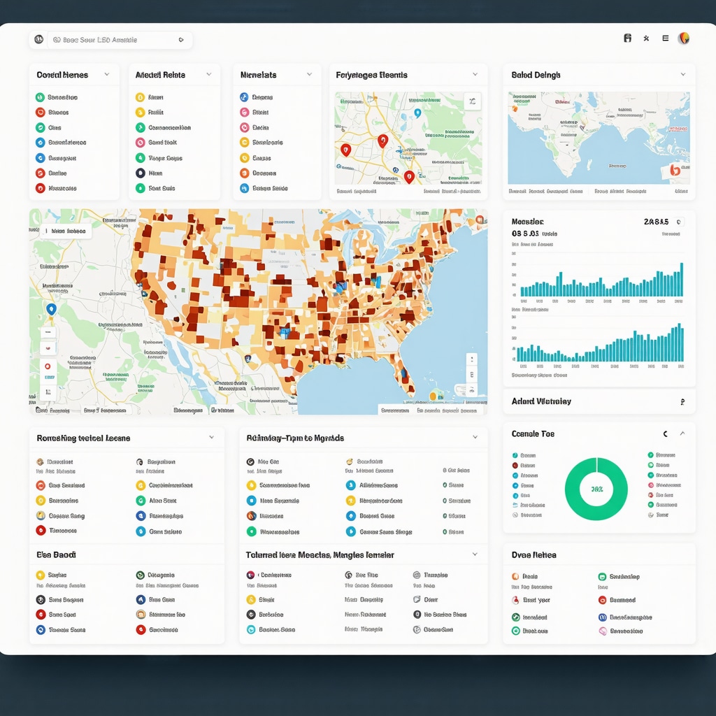 Screenshot of a modern SEO analytics dashboard with maps and data charts