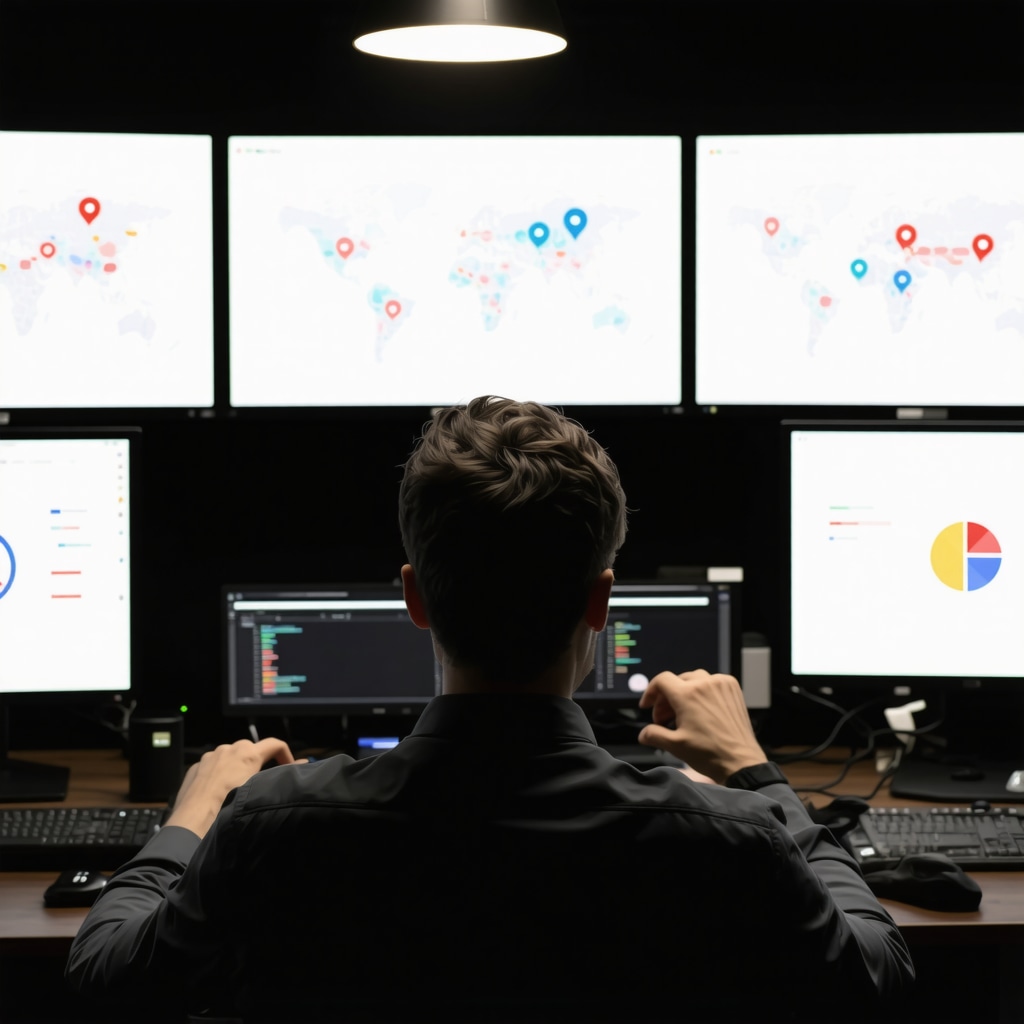 SEO analyst reviewing local search performance metrics on digital screens.