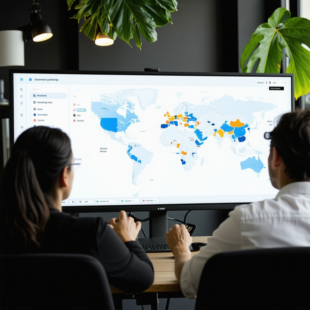 Business team reviewing local SEO analytics on digital screens