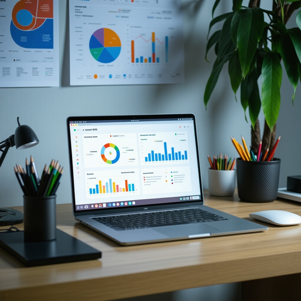 A workspace with a laptop showing local SEO analytics and marketing tools.