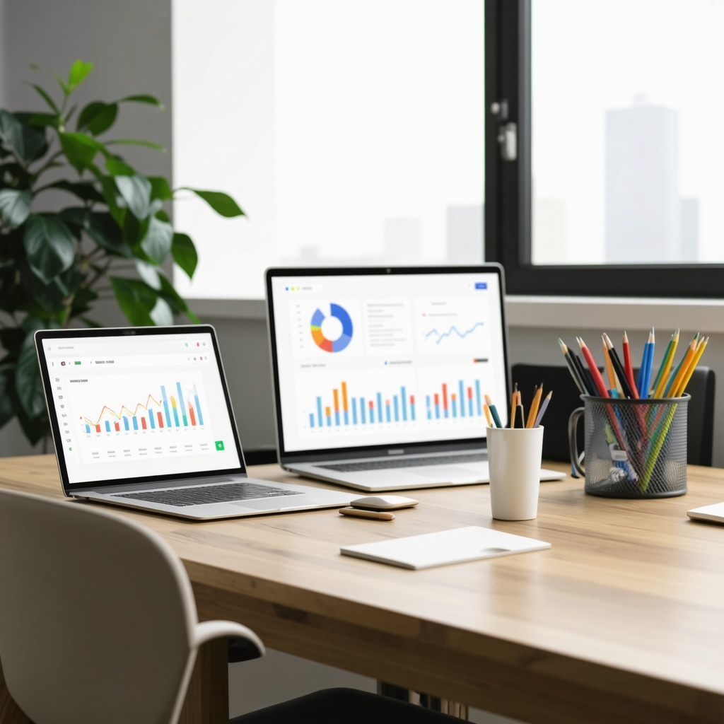 A modern workspace showing analytics dashboards, community event photos, and SEO tools