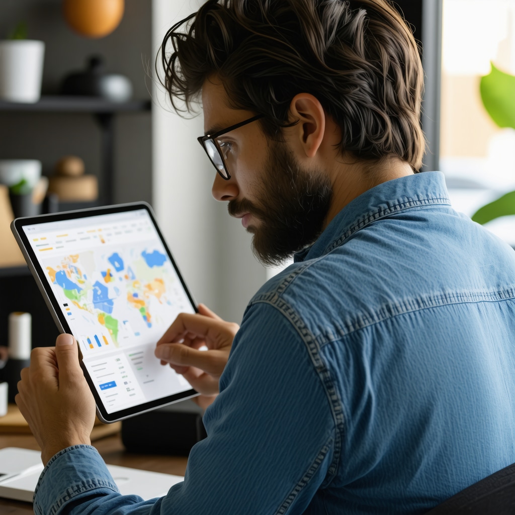 Business owner reviewing local SEO analytics on a tablet with maps and charts.