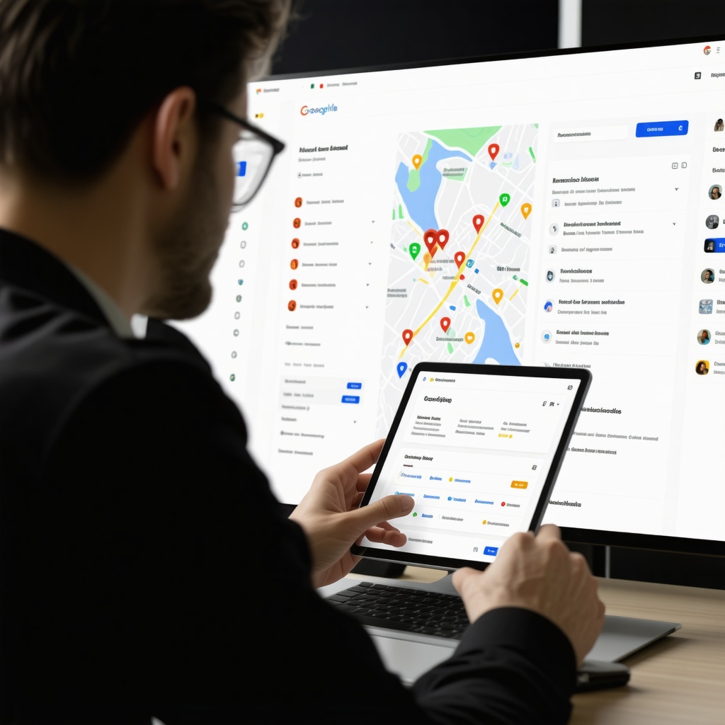 Business owner reviewing SEO analytics with Google Maps on screen