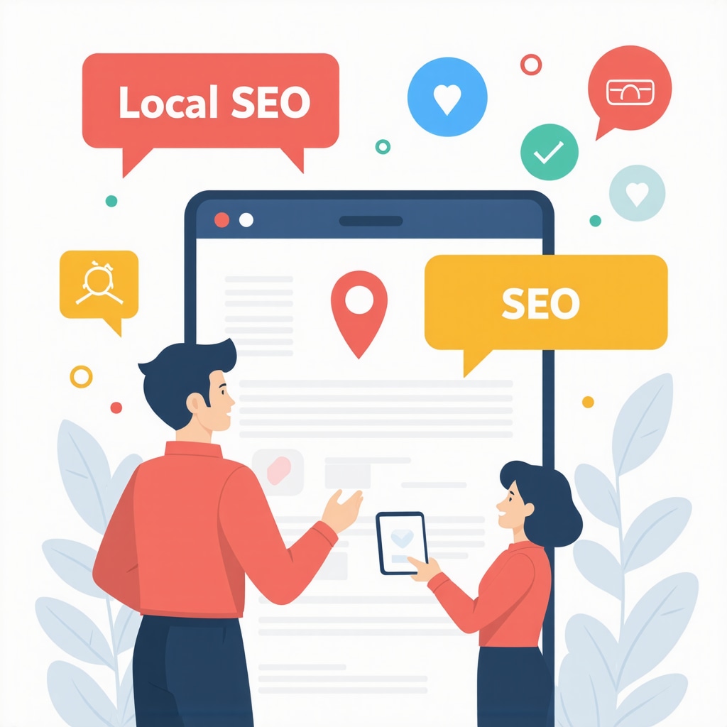 Conceptual image showing local SEO elements like schema markup, AI tools, and community content.
