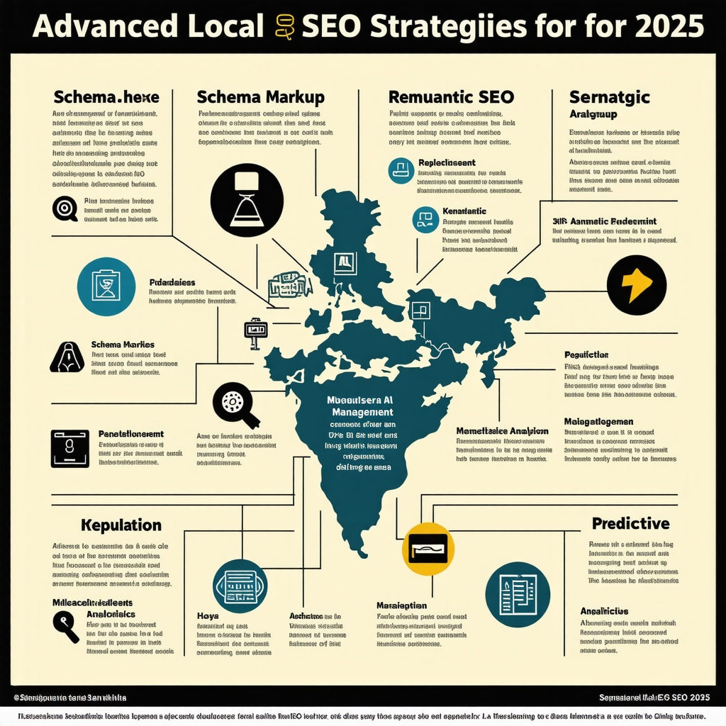 Infographic illustrating complex local SEO tactics for 2025, including schema, semantic SEO, and AI tools.