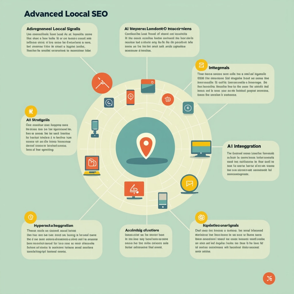 Infographic showing complex local SEO signals, AI tools, and hyperlocal tactics.