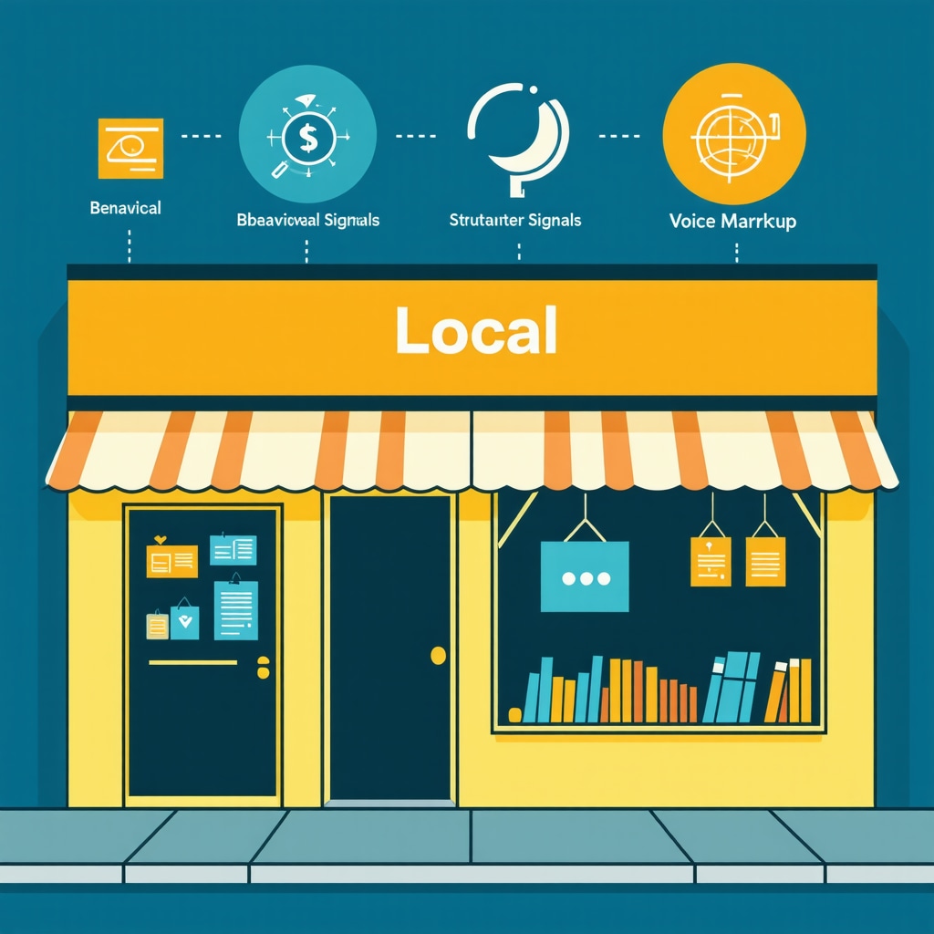 Infographic depicting behavioral signals, structured data, voice search, and citation management for local SEO optimization