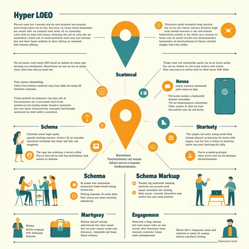 Infographic showing hyper-local targeting, schema markup, and community engagement techniques for local SEO.