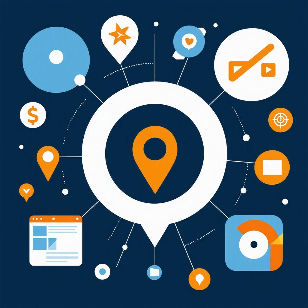 Illustration depicting hyperlocal data, voice search, and geofencing technologies in local SEO.