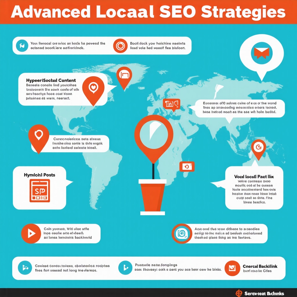 Infographic showing advanced local SEO techniques such as hyperlocal content, voice search, Google Business Profile optimization, and backlink building