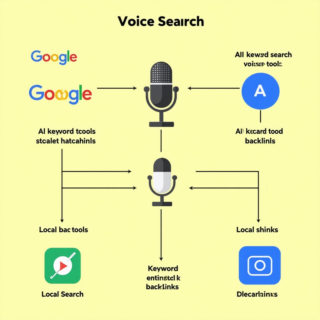 Visual representation of local SEO tools integration including voice search, AI keywords, and backlinks
