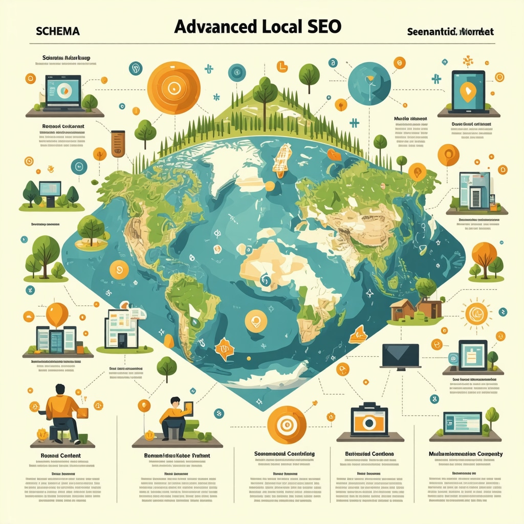 Infographic illustrating comprehensive local SEO strategies including schema, semantic, and multimodal content optimization.