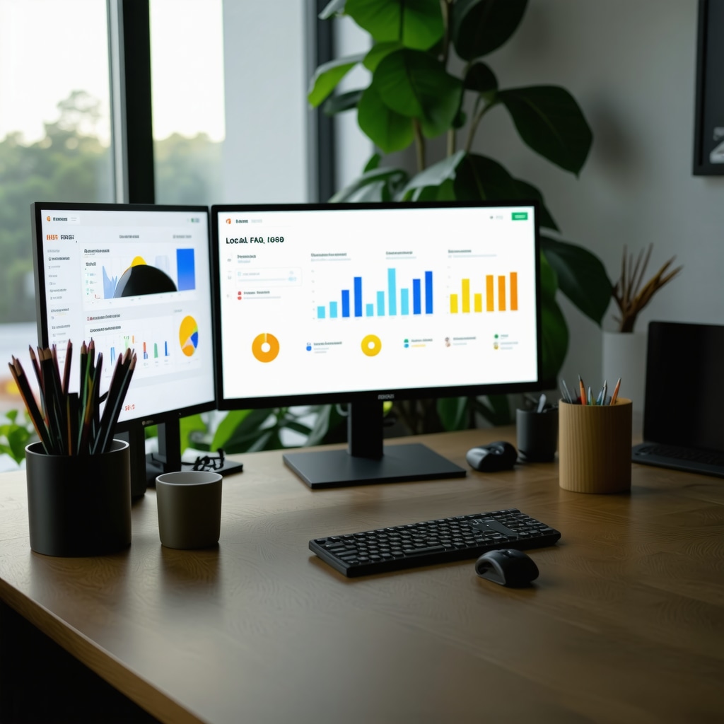 Modern SEO workspace with AI tools analyzing local FAQ data.