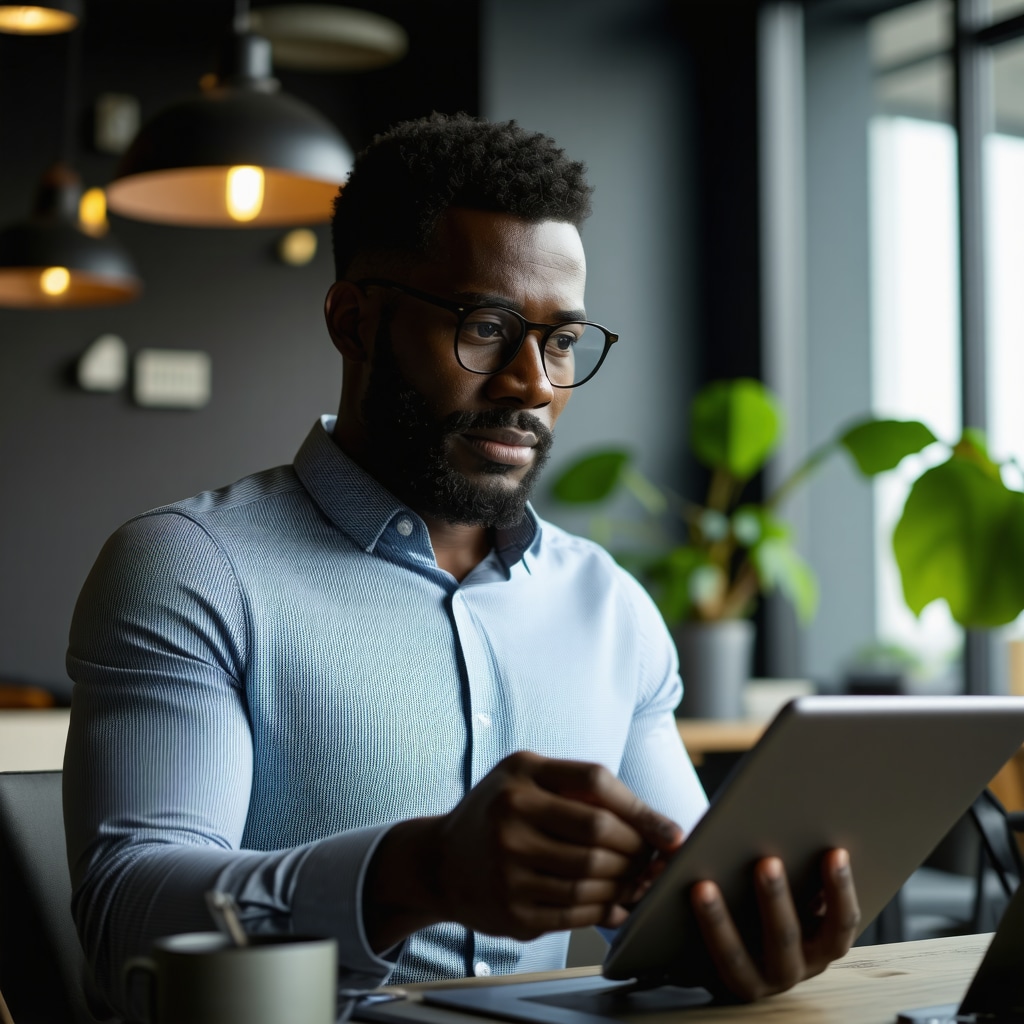 Business owner reviewing local SEO analytics on a tablet in an office setting