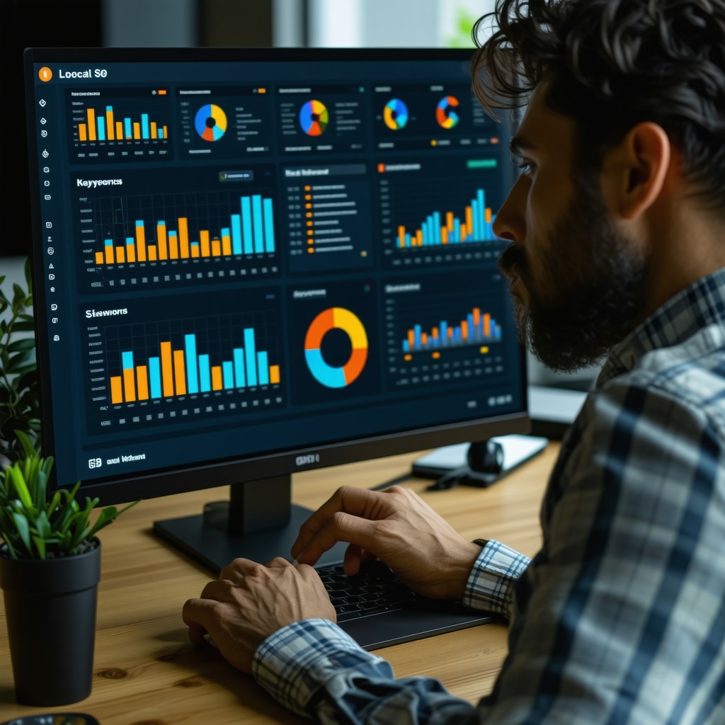 Expert reviewing local SEO analytics and keyword trends on a monitor.