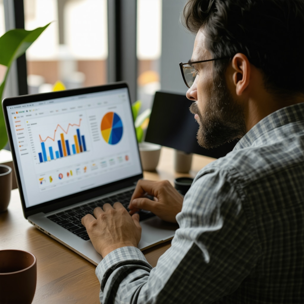 Business owner reviewing local SEO data with charts and laptop.