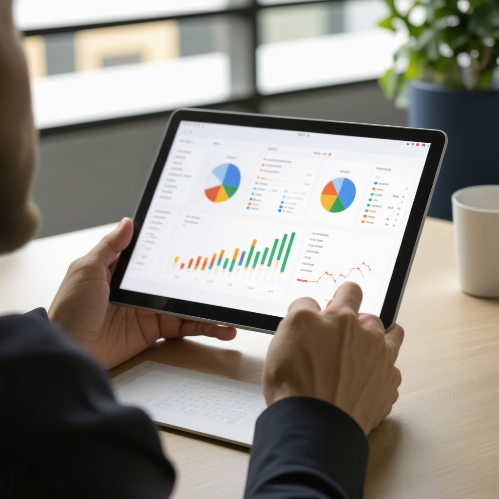Business owner reviewing trend analysis charts on digital tablet in office