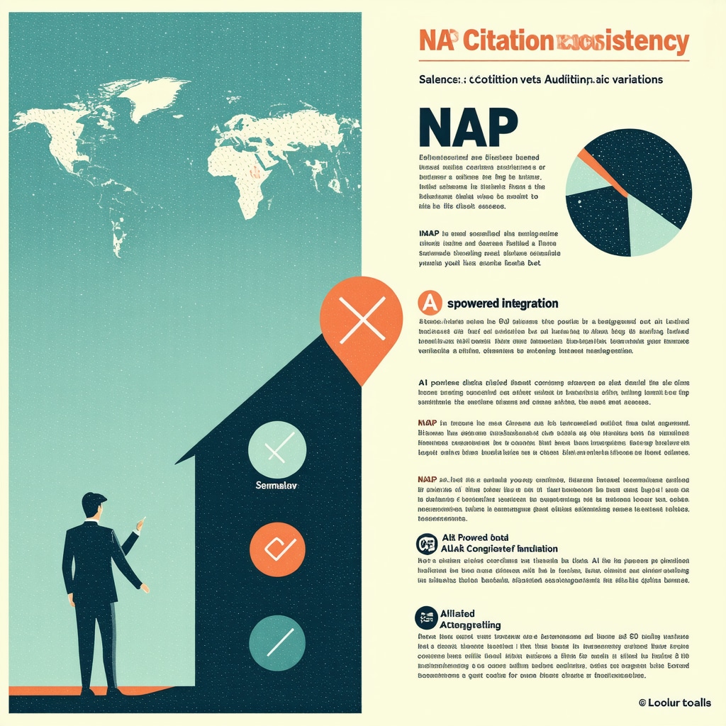 Infographic showing NAP citation strategies with consistency, semantic variations, structured data markup, and AI auditing for enhanced local SEO