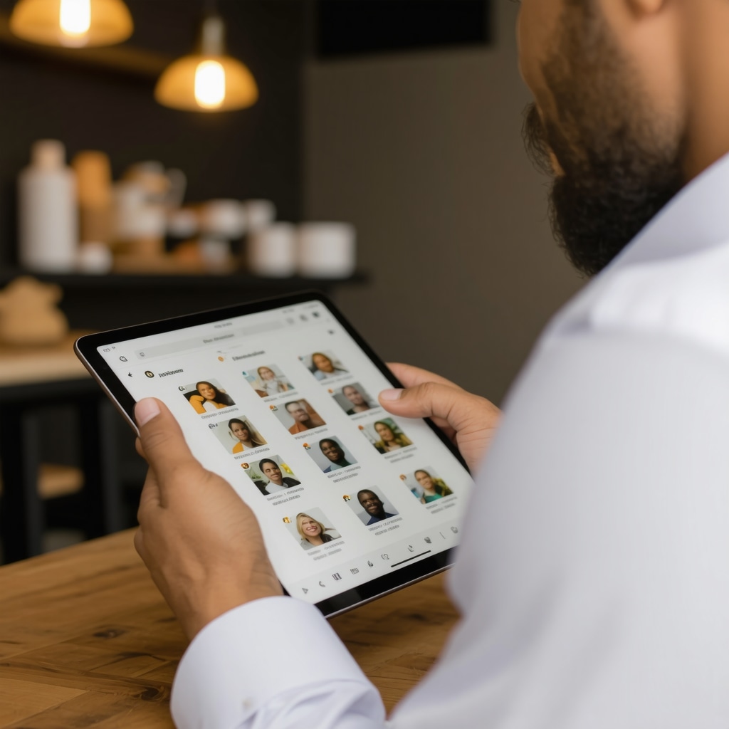 Business owner engaging with customer reviews on a tablet in a professional environment.