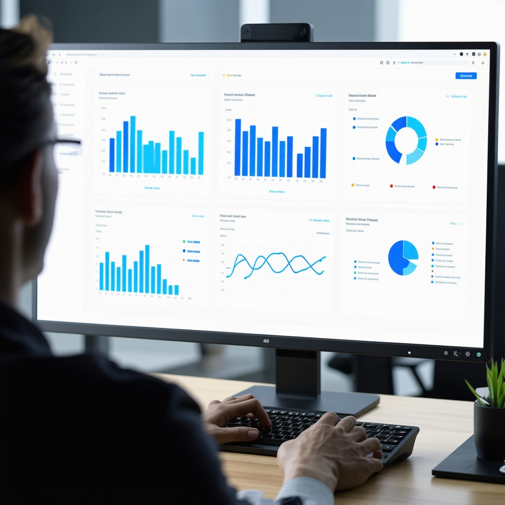 Business owner reviewing digital review analytics on a dashboard with graphs and review summaries.