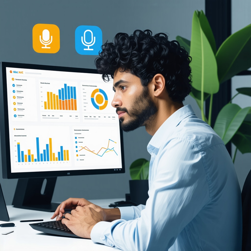 Business owner analyzing Moz Local analytics dashboard integrating AI and voice search optimization tools