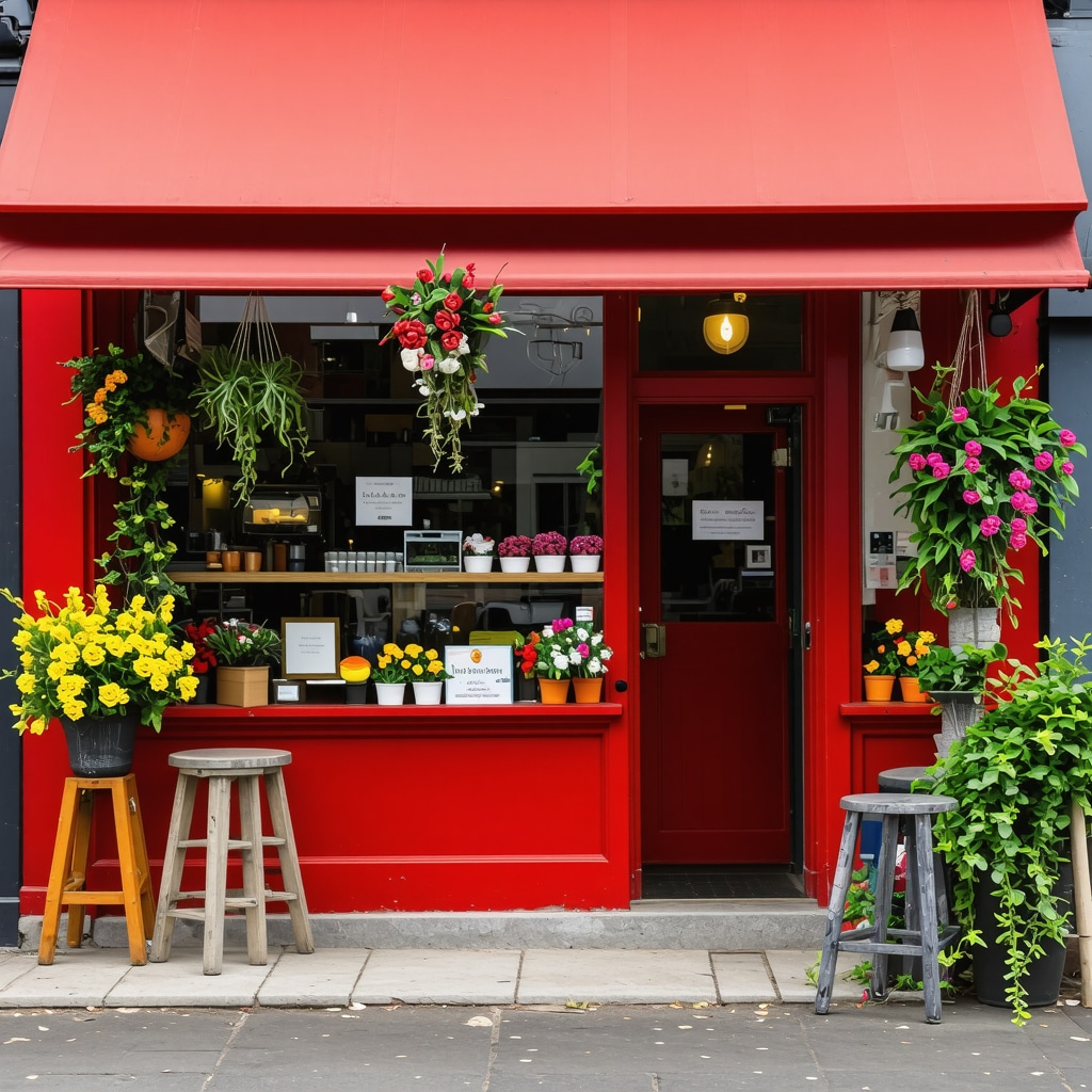 Storefront decorated for local festival, vibrant and lively.