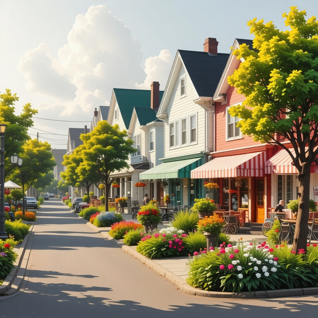 A lively neighborhood street with local shops, residents, and community events, illustrating hyperlocal engagement