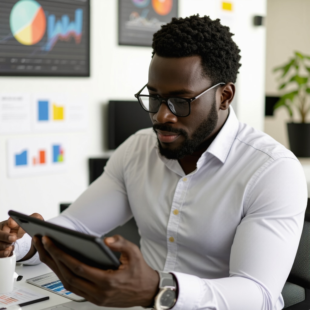 Business owner reviewing Google My Business analytics on tablet