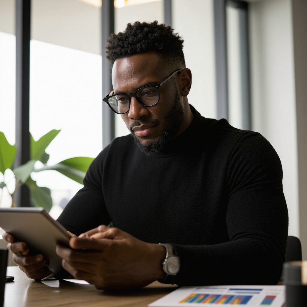 Business owner reviewing digital analytics and customer feedback on a tablet in a professional office