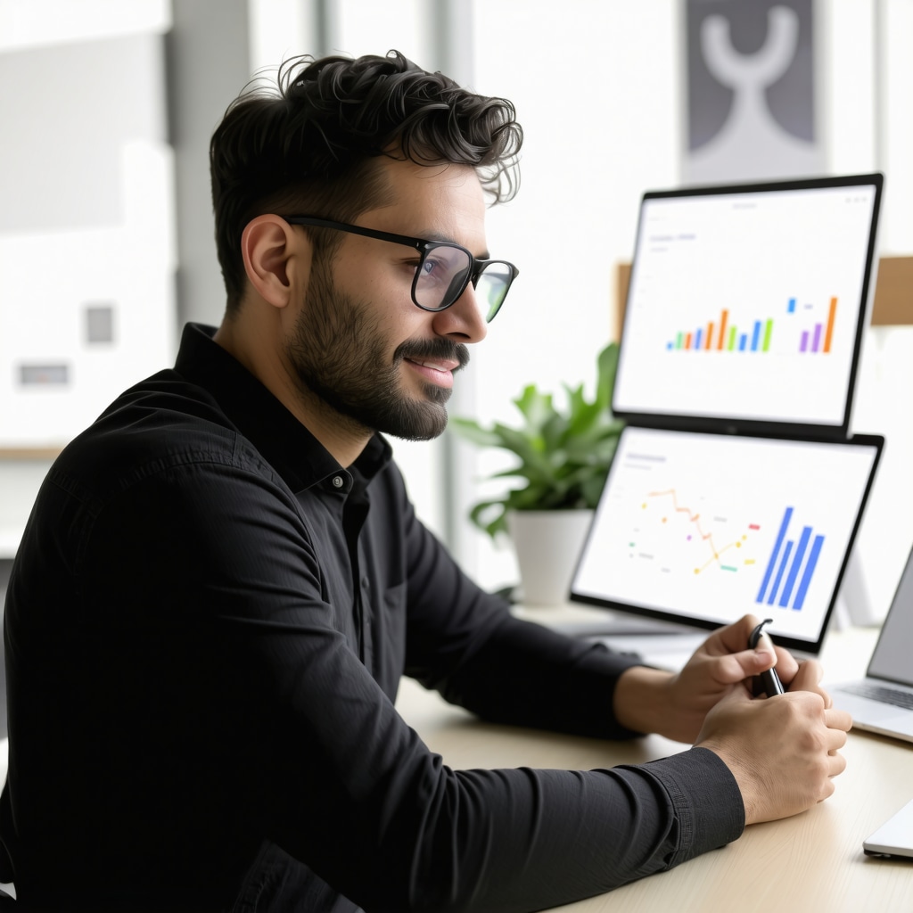 Business owner analyzing Google My Business profile with focus on local SEO improvements.
