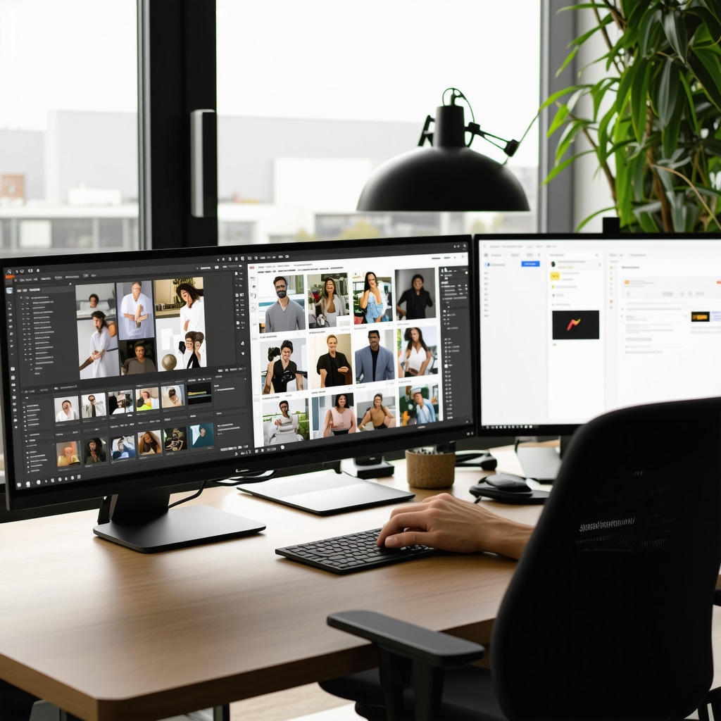 Expert analyzing Google My Business photo performance and metadata optimization tools on computer screens in a modern office