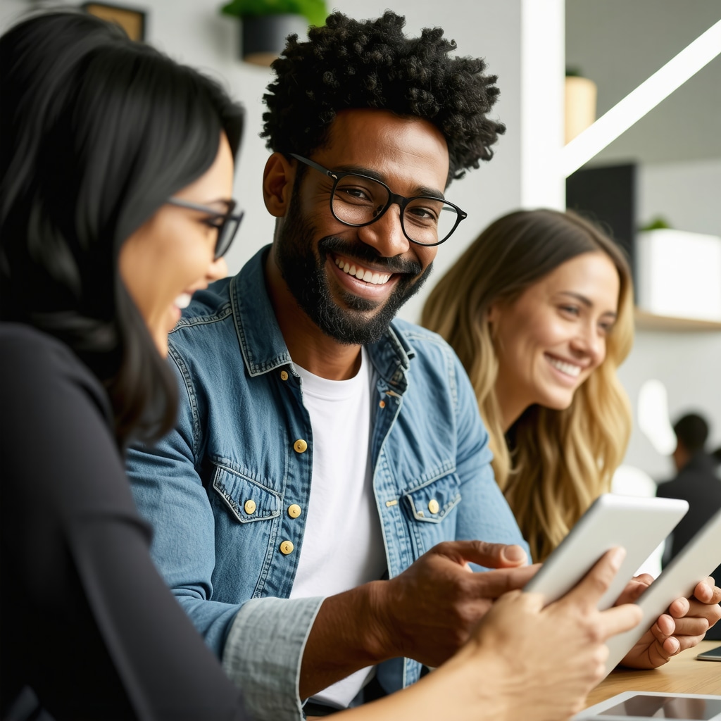 Business owner reviewing customer feedback on digital devices, improving local SEO.
