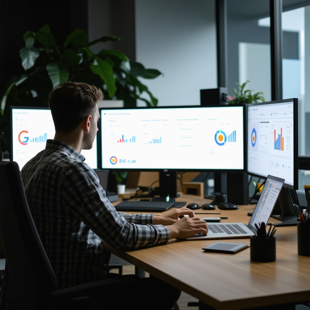 SEO professional analyzing citation and schema data on screens in a modern office