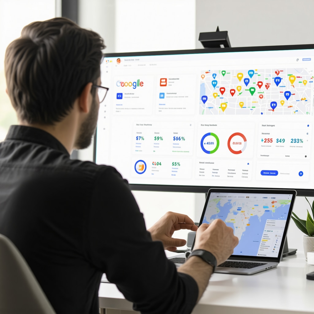 Digital marketer reviewing local SEO metrics and Google Maps analytics.