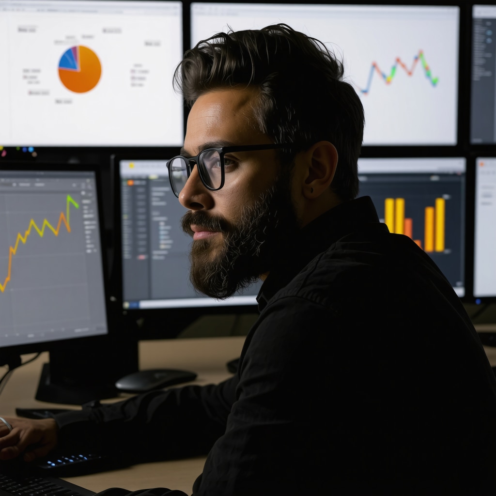 Digital marketer reviewing local SEO analytics on computer screens with maps and graphs.