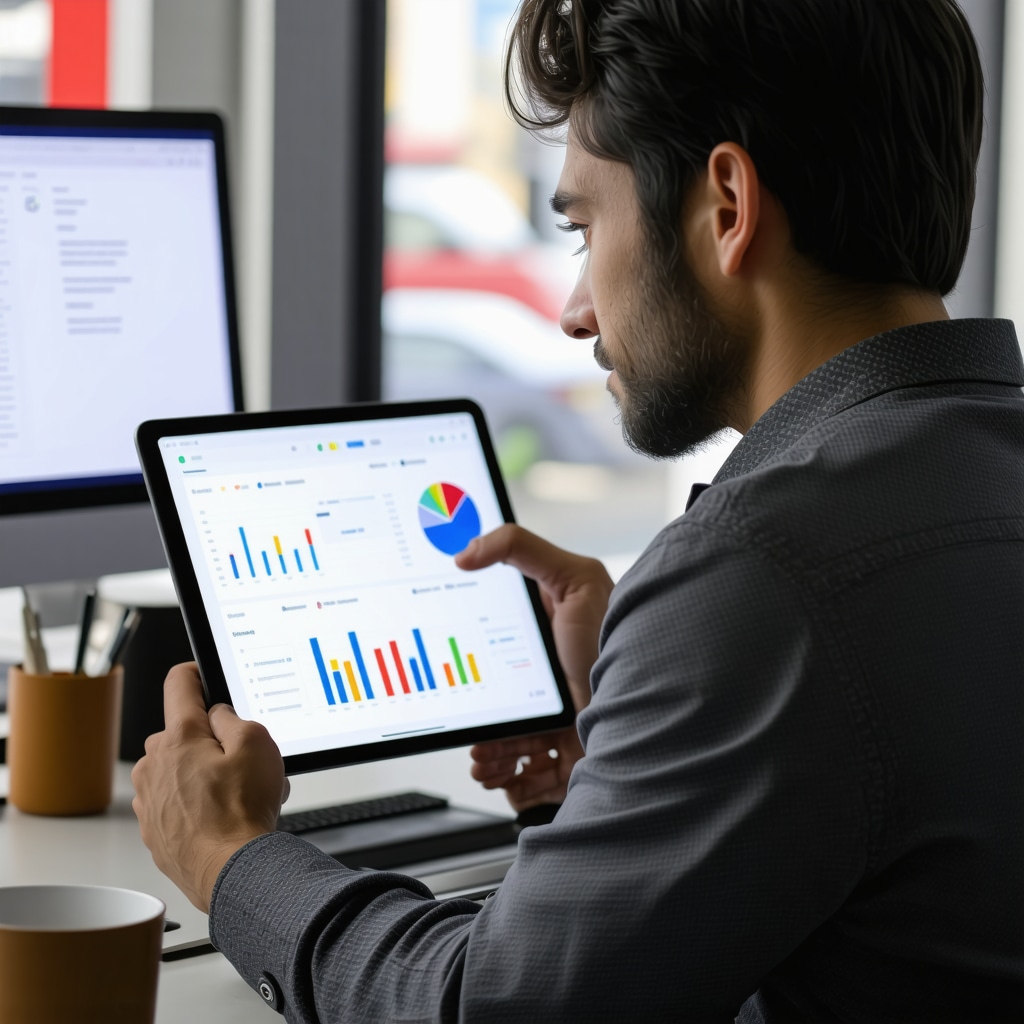 Business owner analyzing citation data and SEO metrics on a tablet in office