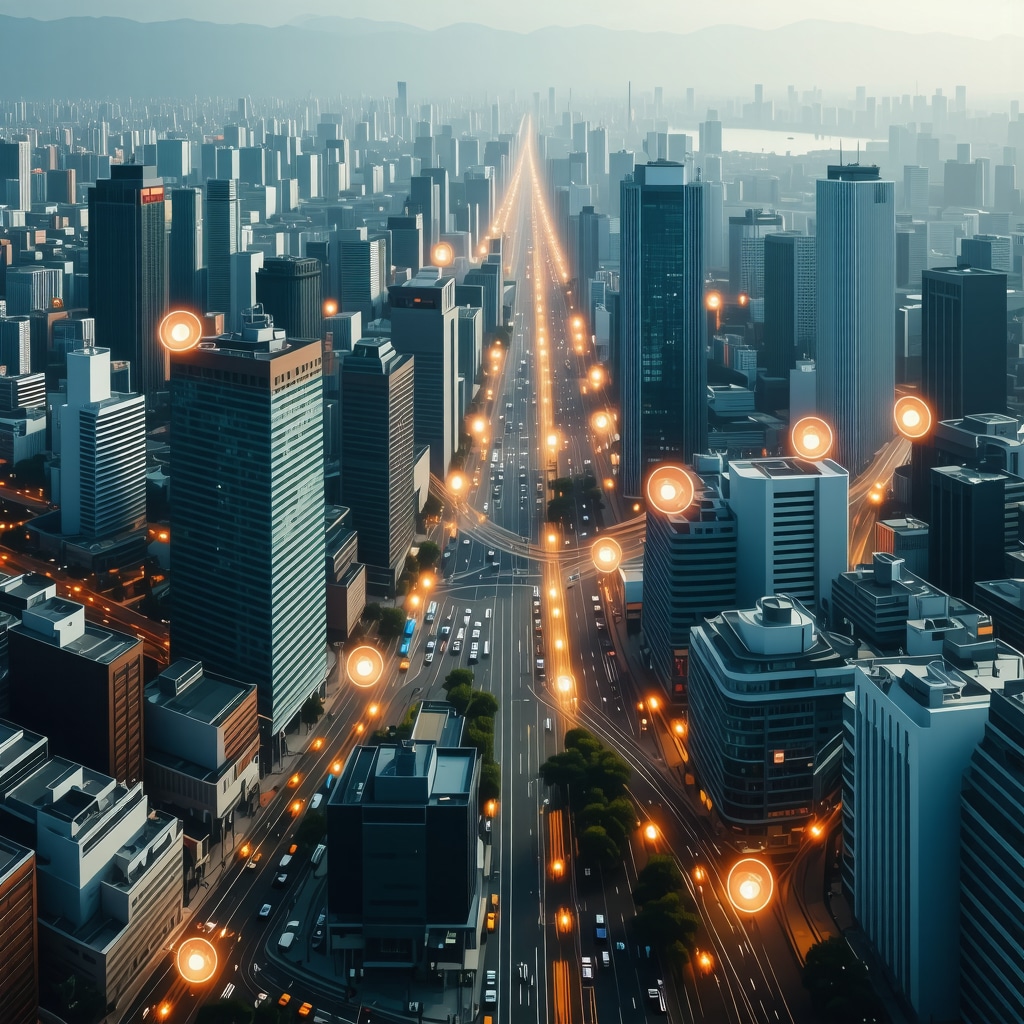 A cityscape with AR overlays showing local business information and digital maps.