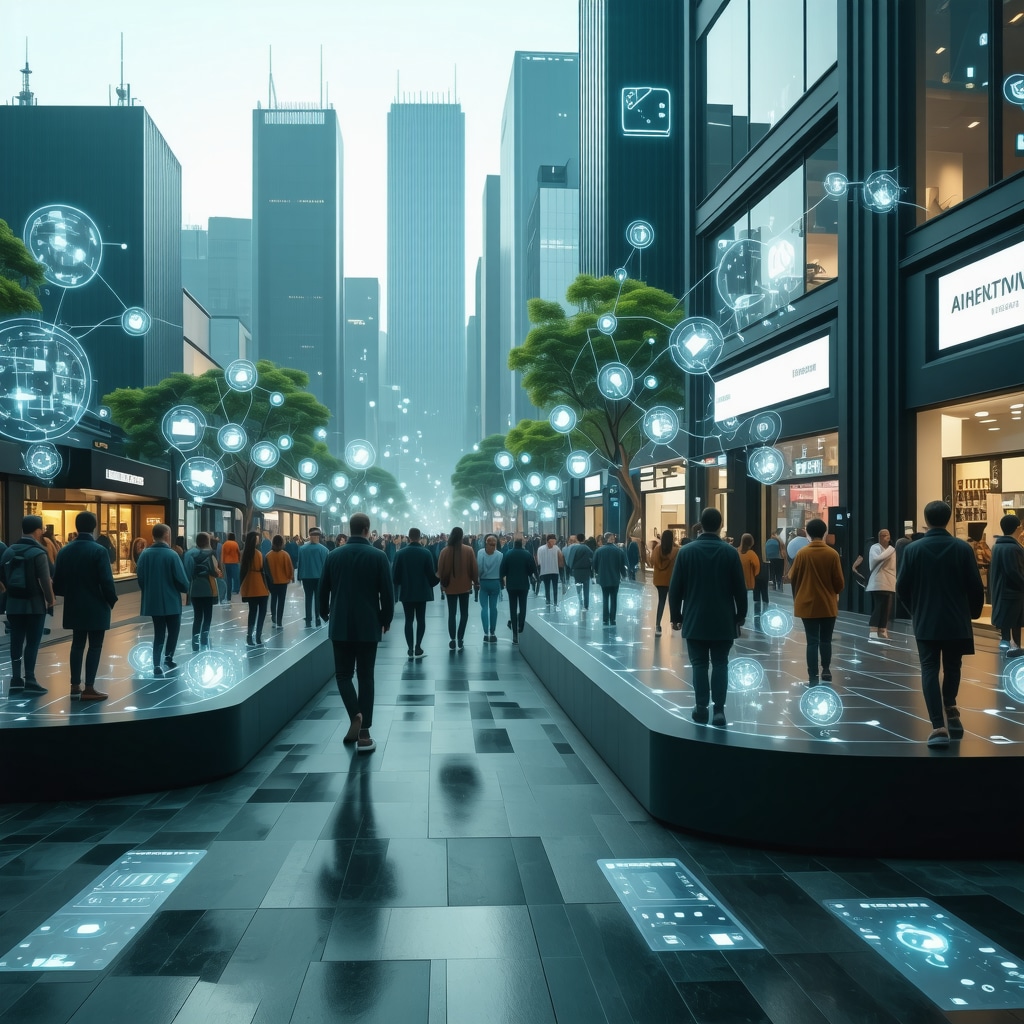 Futuristic city with interconnected IoT devices and augmented reality interfaces