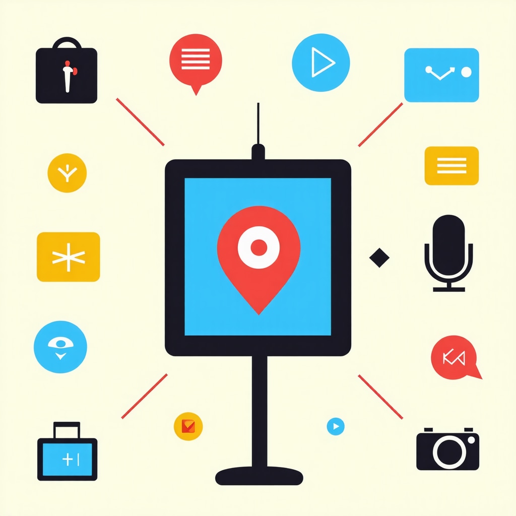 Illustration of a local business surrounded by schema markup icons and voice search devices
