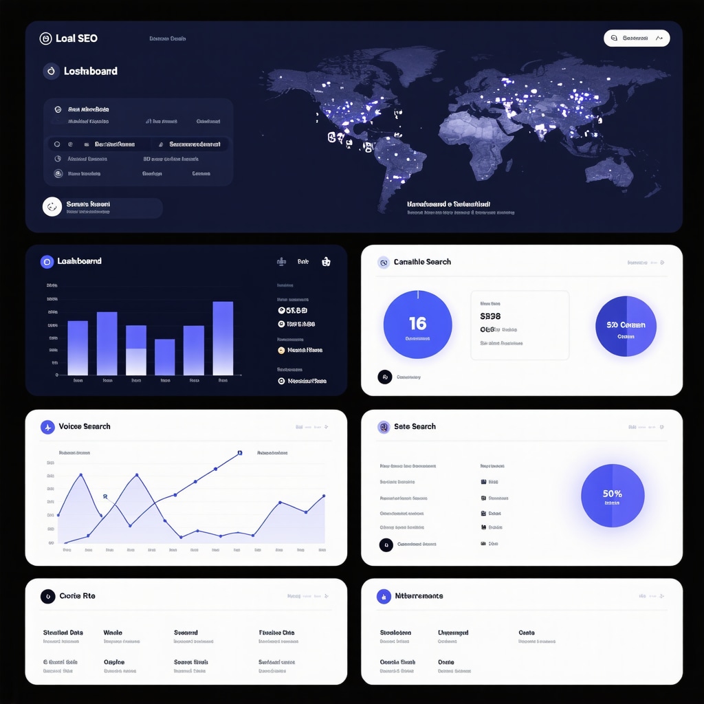 Digital dashboard displaying AI-driven local SEO analytics, semantic keyword maps, voice search data, and schema markup overlays for a local business