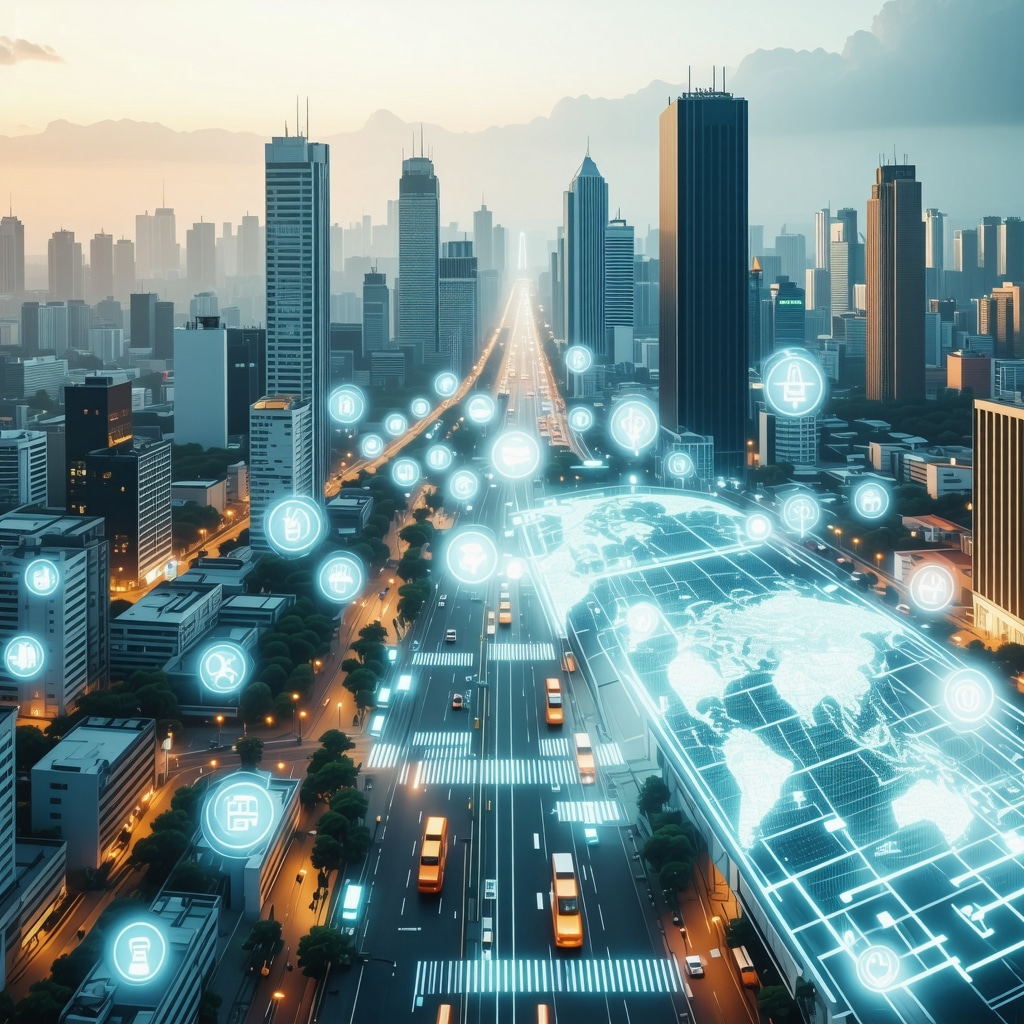 City skyline with augmented reality overlays displaying local business rankings