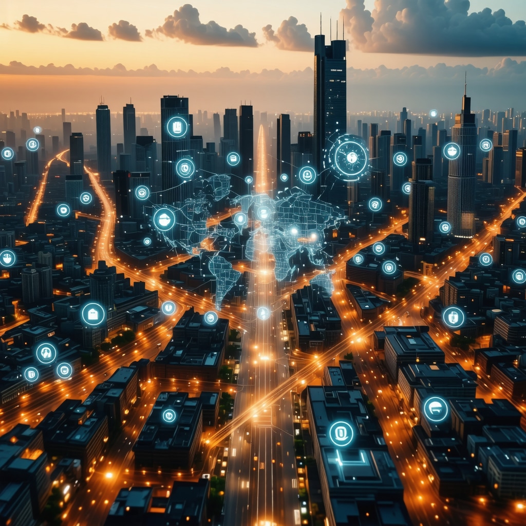 High-tech city with digital map overlays and AI analytics graphics.